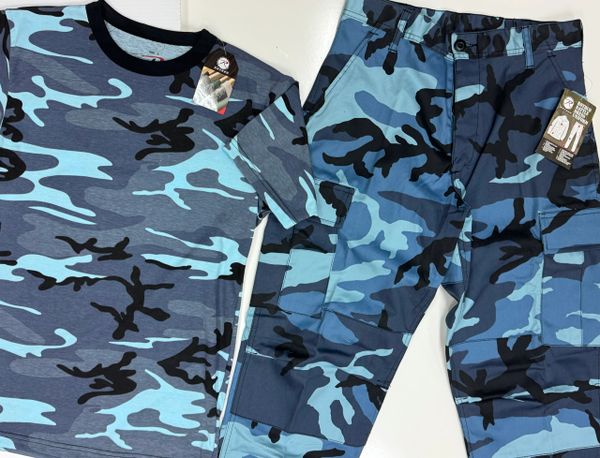 2PC SET Sky Blue Camo BDU Military Cargo Pants & T-Shirt SET | Small Reg NWT