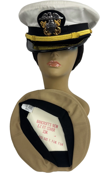 USN Navy Officer White/Khaki Combination Uniform Dress Hat Bancroft Cap Sz 7 EUC