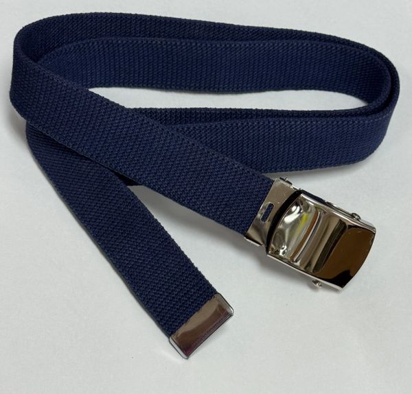 USGI Standard Web Belt 46" x 1.25" Navy Blue Webbing w/Chrome Buckle & Tip NOS