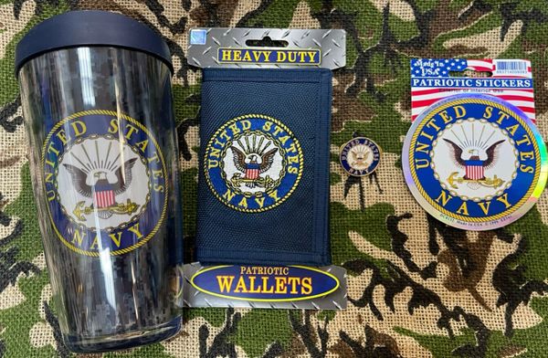 US NAVY 4-PIECE GIFT SET - WALLET, DECAL, PIN, & TRAVEL CUP | NEW