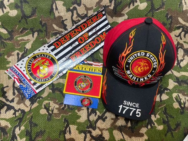 US MARINES 4-PIECE USMC GIFT SET - CAP, DECAL, PIN, & PATCH | NEW