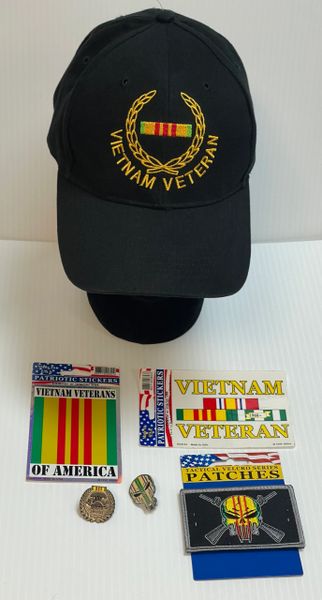 VIETNAM VETERAN 6-PIECE GIFT SET - CAP, DECALS, PINS, & PATCH | NEW