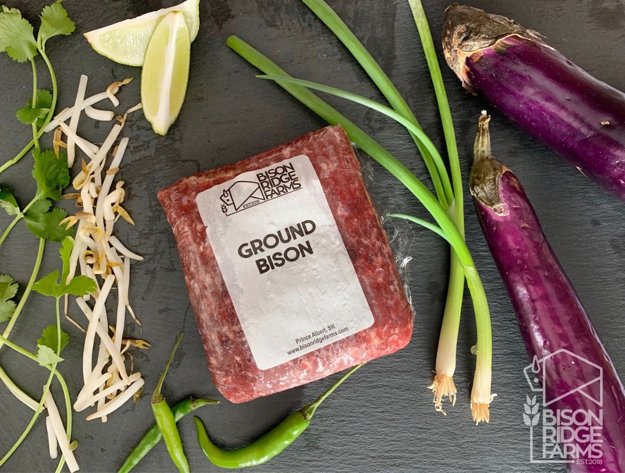 Ingredients to make bison and eggplant rice bowl