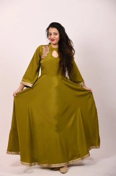 ITEM CODE - SFDRESS07 OLIVE GREEN DESIGNER CREPE SILK HAND EMBROIDERED LONG GOWN