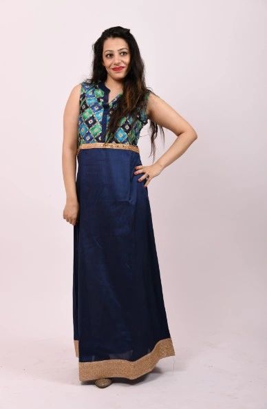 ITEM CODE - SFDRESS15 NAVY BLUE PRINTED SILK LONG GOWN