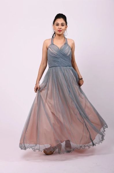 ITEM CODE - SFDRESS16 GREY AND PEACH NET SILK DESIGNER DRESS