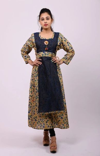 ITEM CODE - SFSKURTISALE26 NAVY BEIGE CHANDERI DOUBLE LAYER KURTI