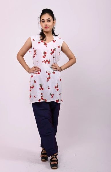 ITEM CODE -STOPS14 WHITE RED PRINTED RAYON TOP