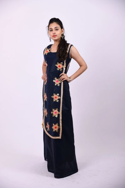 ITEM CODE - SFDRESS17 NAVY BLUE CHANDERI SILK DESIGNER LONG DRESS