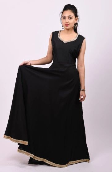 ITEM CODE - SFDRESS19 BLACK RAYON SILK DESIGNER GOWN WITH HAND EMBROIDERY ON NECK
