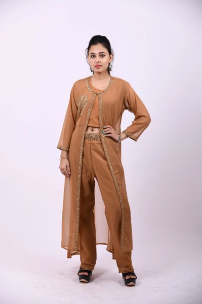 ITEM CODE - SFDRESS20 TAN BROWN GEORGETTE DESIGNER 3 PIECE SET WITH CROP TOP PANT AND EMBROIDERED LONG JACKET