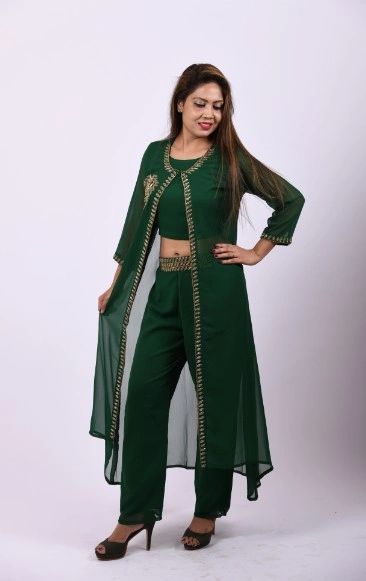 ITEM CODE - SFDRESS21 DARK GREEN GEORGETTE DESIGNER 3 PIECE SET WITH CROP TOP PANT AND EMBROIDERED LONG JACKET