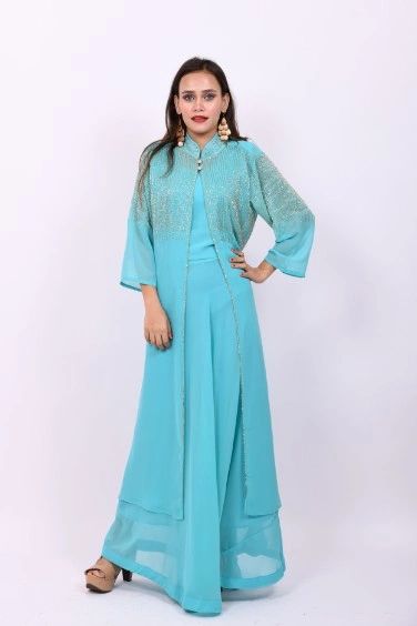 ITEM CODE-SFDRESS24 LIGHT BLUE GEORGETTE EMBROIDED GOWN WITH JACKET