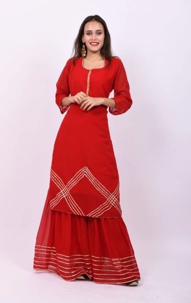 ITEM CODE -SFSHARARA39 DESIGNER GEORGETTE RED SHARARA 2 PC SUIT