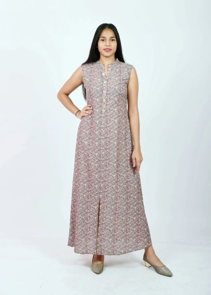 SFDRESS24 - Cotton Beige Pink Printed Long Dress