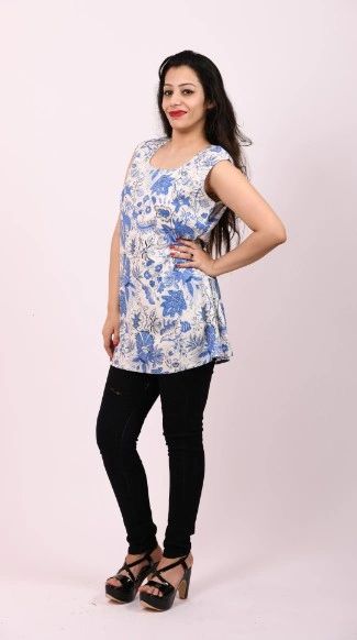 ITEM CODE - STOPS07 WHITE BLUE PRINTED RAYON TOP