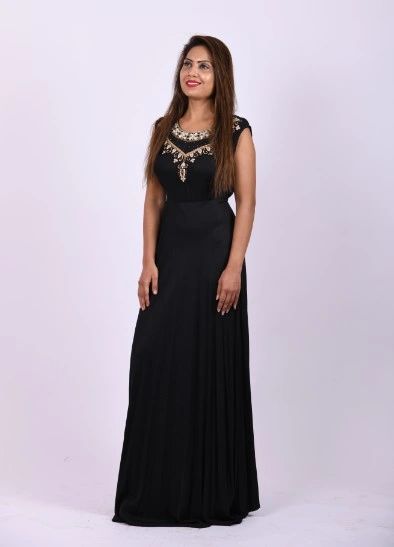 ITEM CODE - SFDRESS04 BLACK RAYON DESIGNER GOWN WITH HAND EMBROIDERY NECK