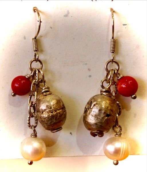 Coral Bead and Pearl Earrings