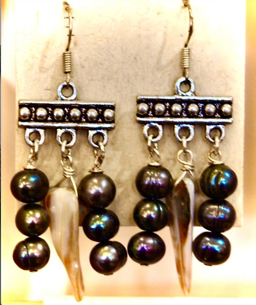 Shell and Black Pearl Earrings