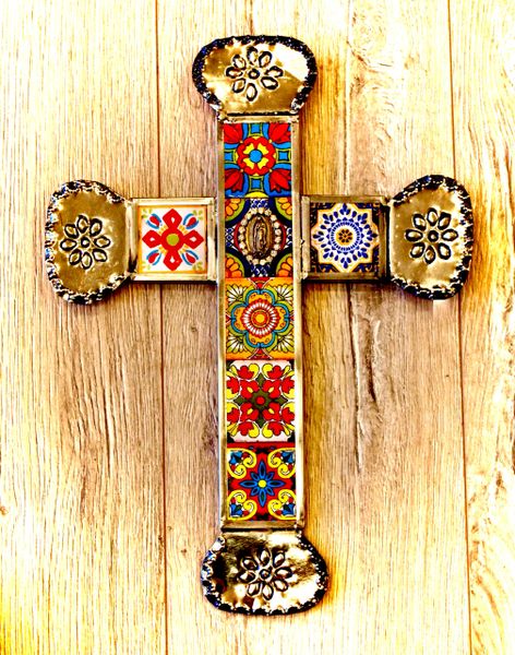 Talavera Tile Cross with Mary and Bling