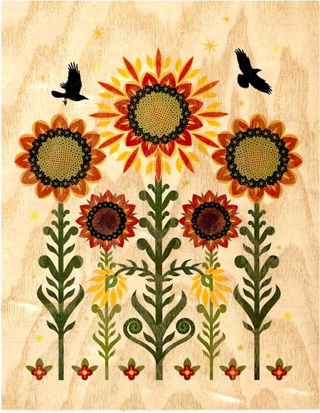 Sunflowers and Crows (Print on Wood)