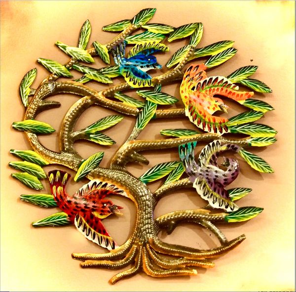 Haitian Steel Drum Art: Colorful Tree with 4 Birds