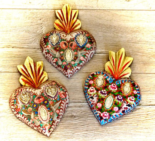 Painted Flaming Heart with Milagros