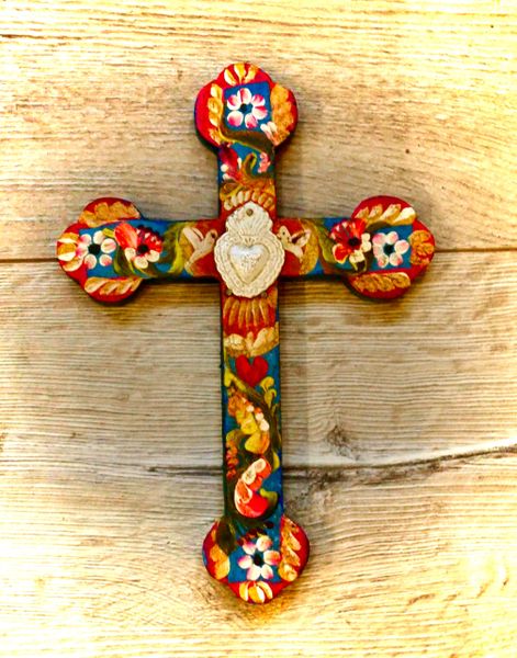 Painted Cross with Milagros - Medium