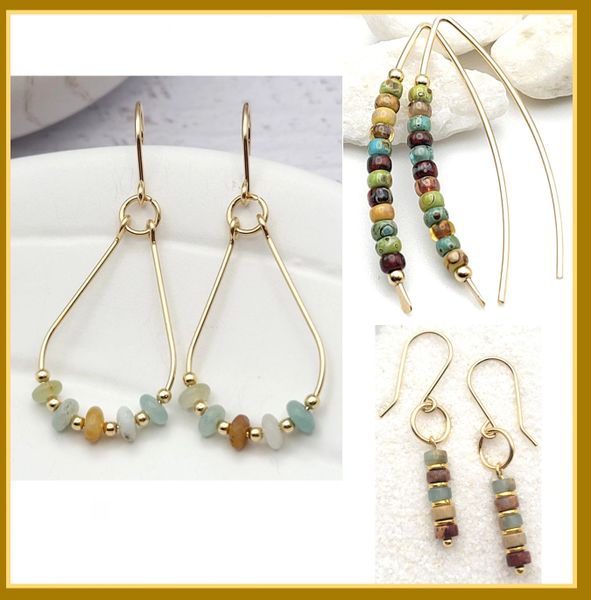 Gold Earrings with Amazonite, Jasper, or Miyuki Beads