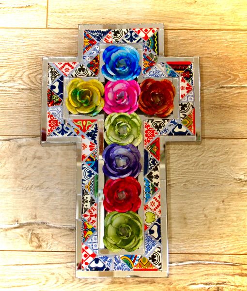 Mosaic Tile and Tin Roses Cross - Large