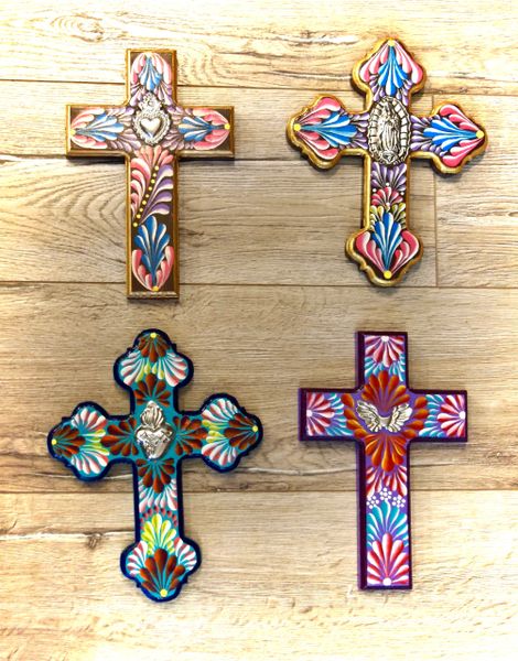 Painted Cross with Milagros - Medium