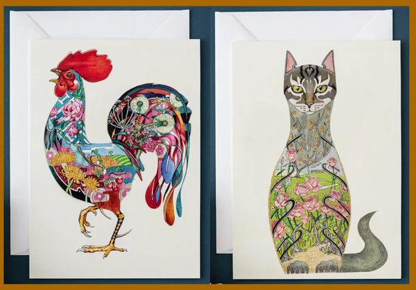 Elaborate Rooster and Cat Cards