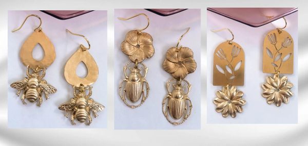 Lovely Floral and Insect Earrings - Brass