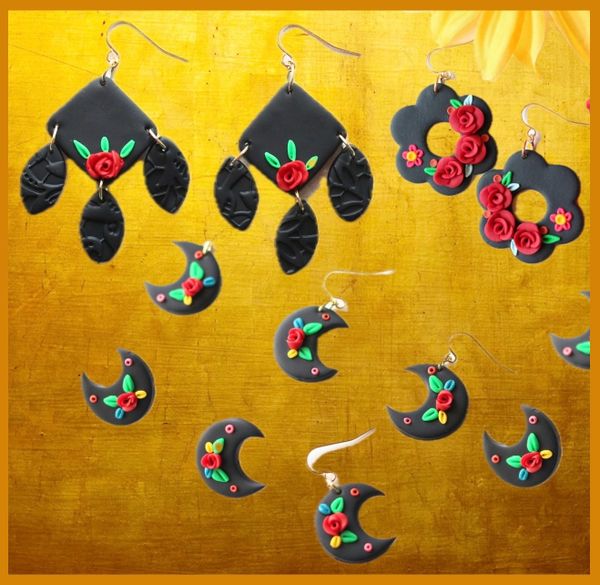 Black Earrings with Red Roses