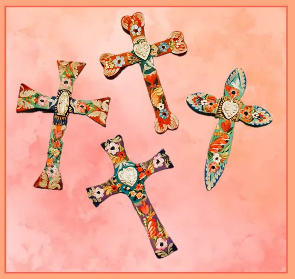 Victorian-style Painted Cross with Large Milagro