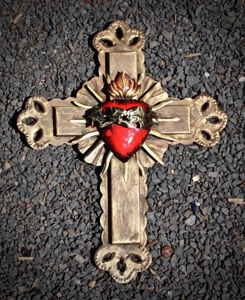 Tin Cross with Sacred Heart