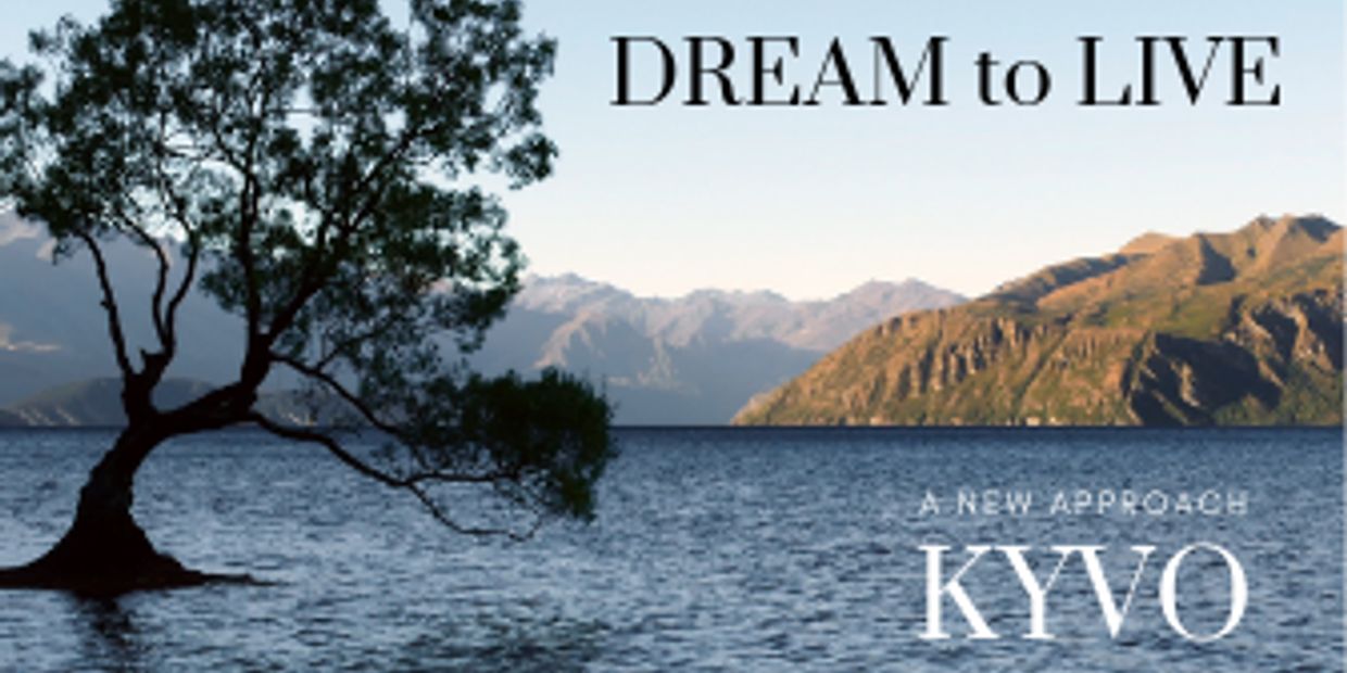 A serene lake view with a tree and mountains, captioned 'DREAM to LIVE' and 'KYVO'.