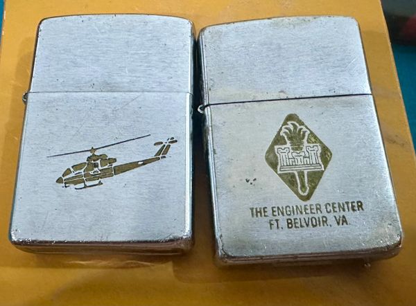 Vietnam War - US Military UH-1 Helicopter & Engineer Centre FT ,Belvoir , VA Base Zippo Lighter (2pcs)