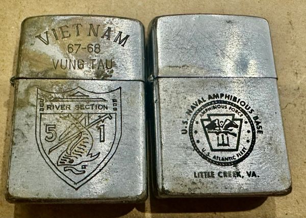 Vietnam War - US Military Navy River Section PRB 51 & US Naval Amphibious Base VA Zippo Lighter (2pcs)