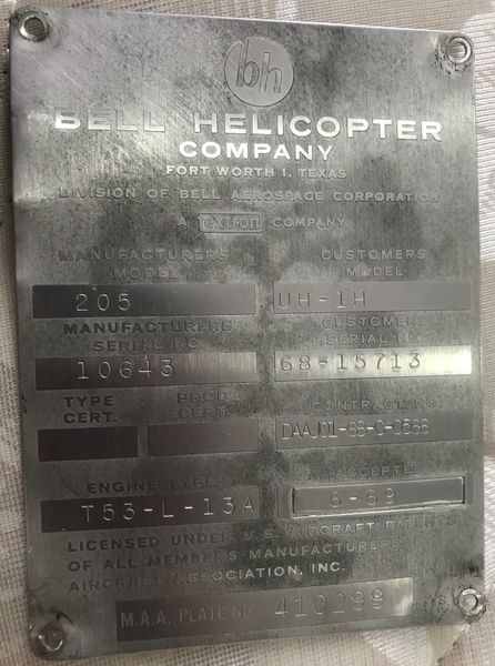 Bell Huey Helicopter US AirCraft M.A.A Plate No. 410299