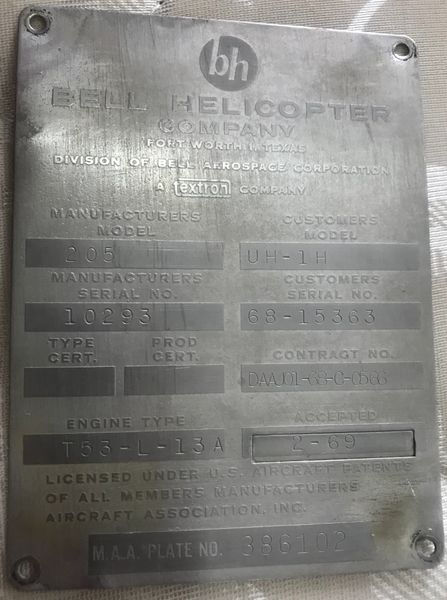 Bell Huey Helicopter US AirCraft M.A.A Plate No. 386102