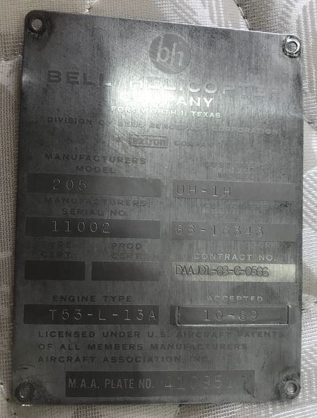 Bell Huey Helicopter US AirCraft M.A.A Plate No.410951
