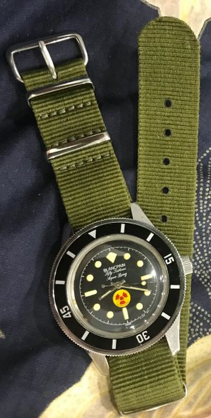 Reproduction Swiss made US Military FIfty Fathoms BLANCPAIN AQUA LUNG WristWatch W/ Green Strap