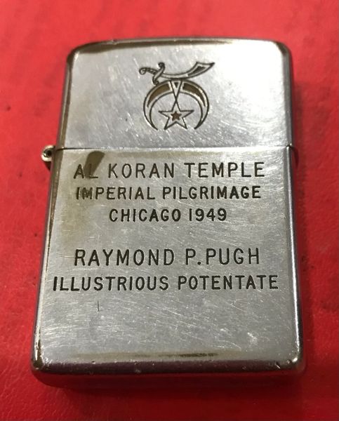 US War -1949 CHICAGO AL KORAN TEMPLE IMPERIAL PILRIMAGE " RAYMOND P.PUGH" ILLUSTRIOUS POTENTATE Zippo Lighter
