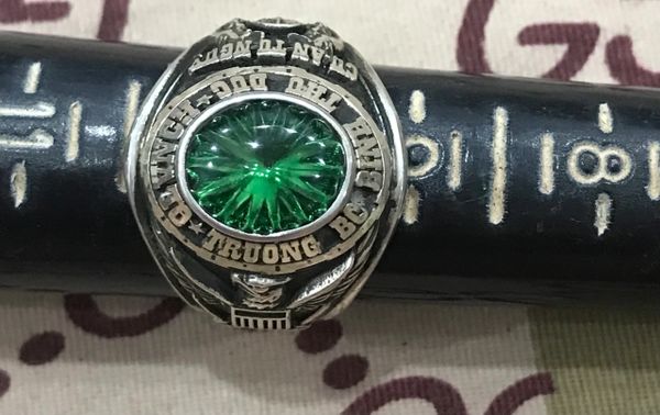 SVN Military Silver Ring Truong Bo Binh Thu Duc QLVNCH Ring Josten's Sterl Size 10(Green Stone)