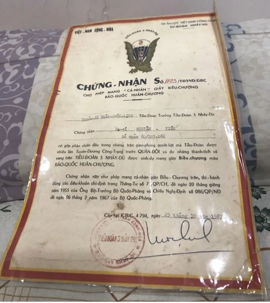 Original ARVN South Vietnam TDND 3th Certificated Document Paper