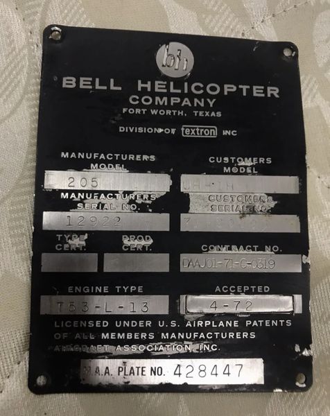 Bell Huey Helicopter US AirCraft M.A.A Plate No. 428447