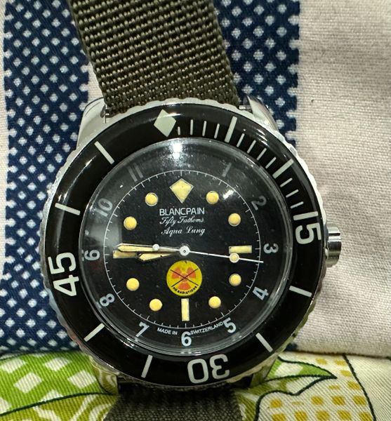 Reproduction Swiss made US Military Fifty Fathoms BLANCPAIN AQUA LUNG Black Dials WristWatch W/ Green Strap