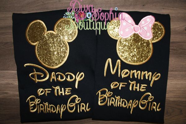 Mommy and Daddy of the Birthday Girl Mickey and Minnie Shirts Set of 2 Embroidered