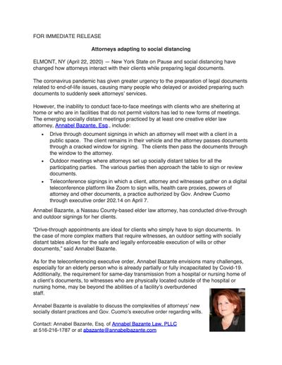 Annabel Bazante Law, PLLC - Press Release: Attorneys Adapting to Social Distancing 